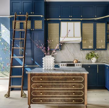 gold and navy blue kitchen
